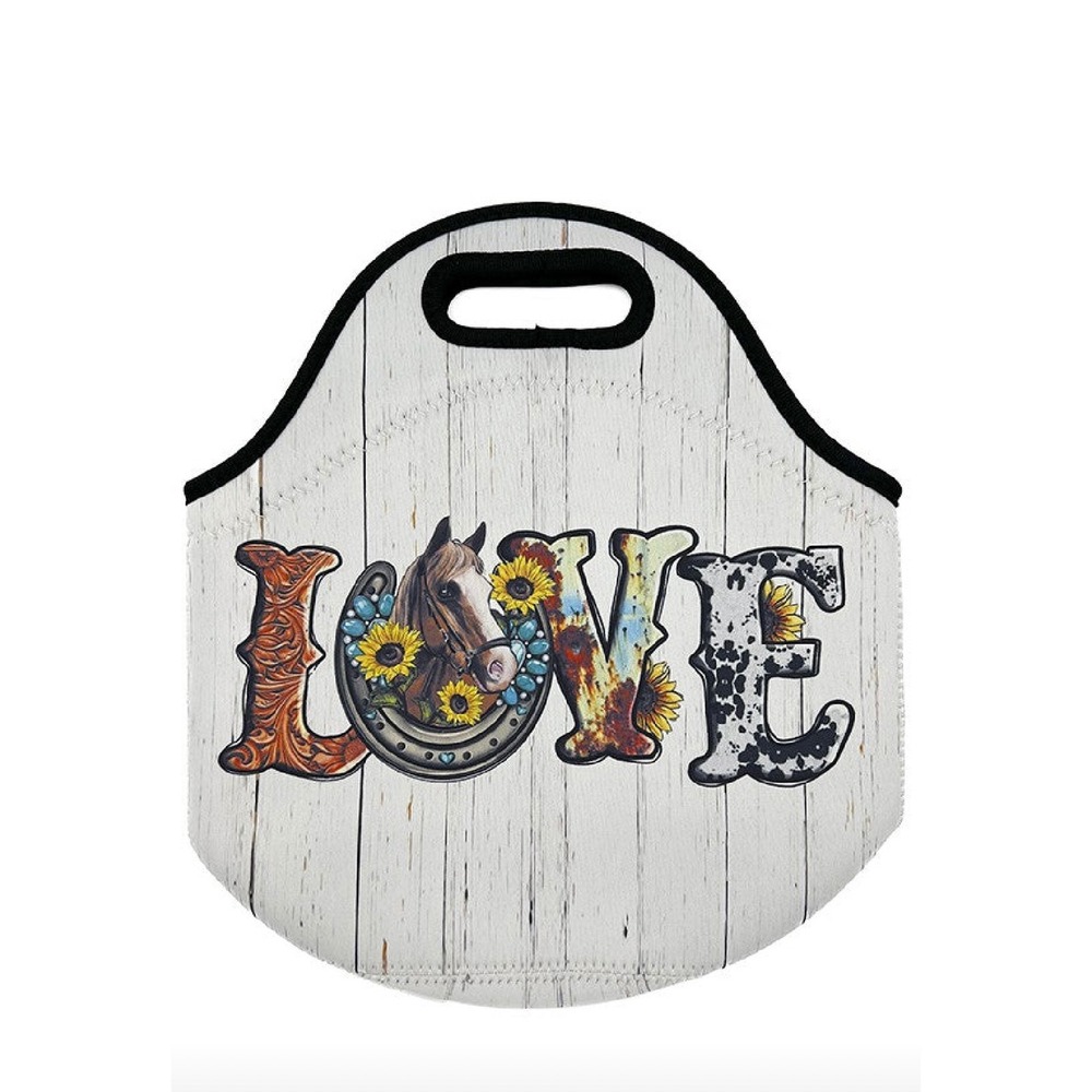 Love Farm Animal Insulated Lunch Bag Neoprene Horse Sunflower Cow Print New‎